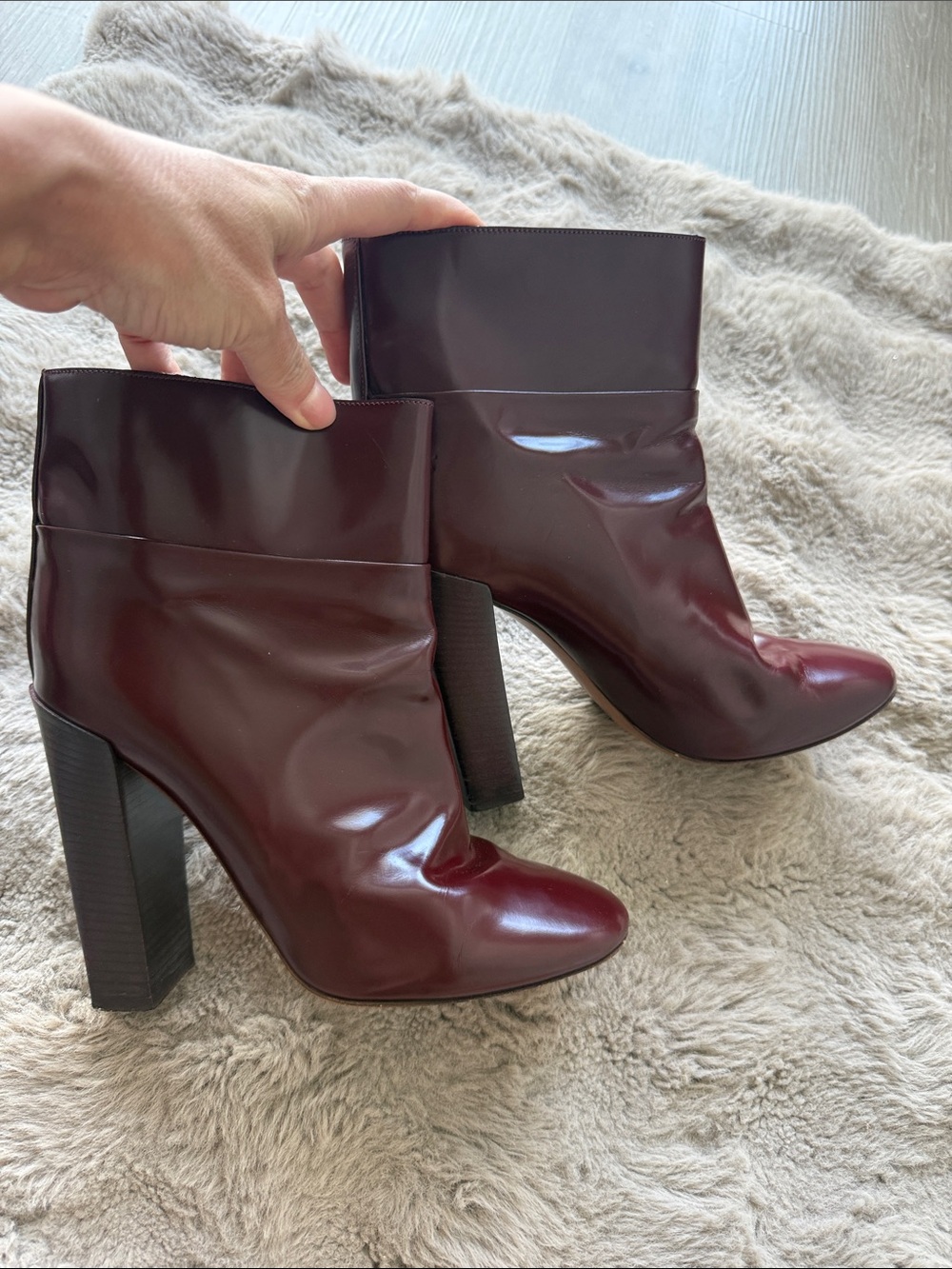 Chloe Burgundy Patent Leather Block Heel Ankle Boots